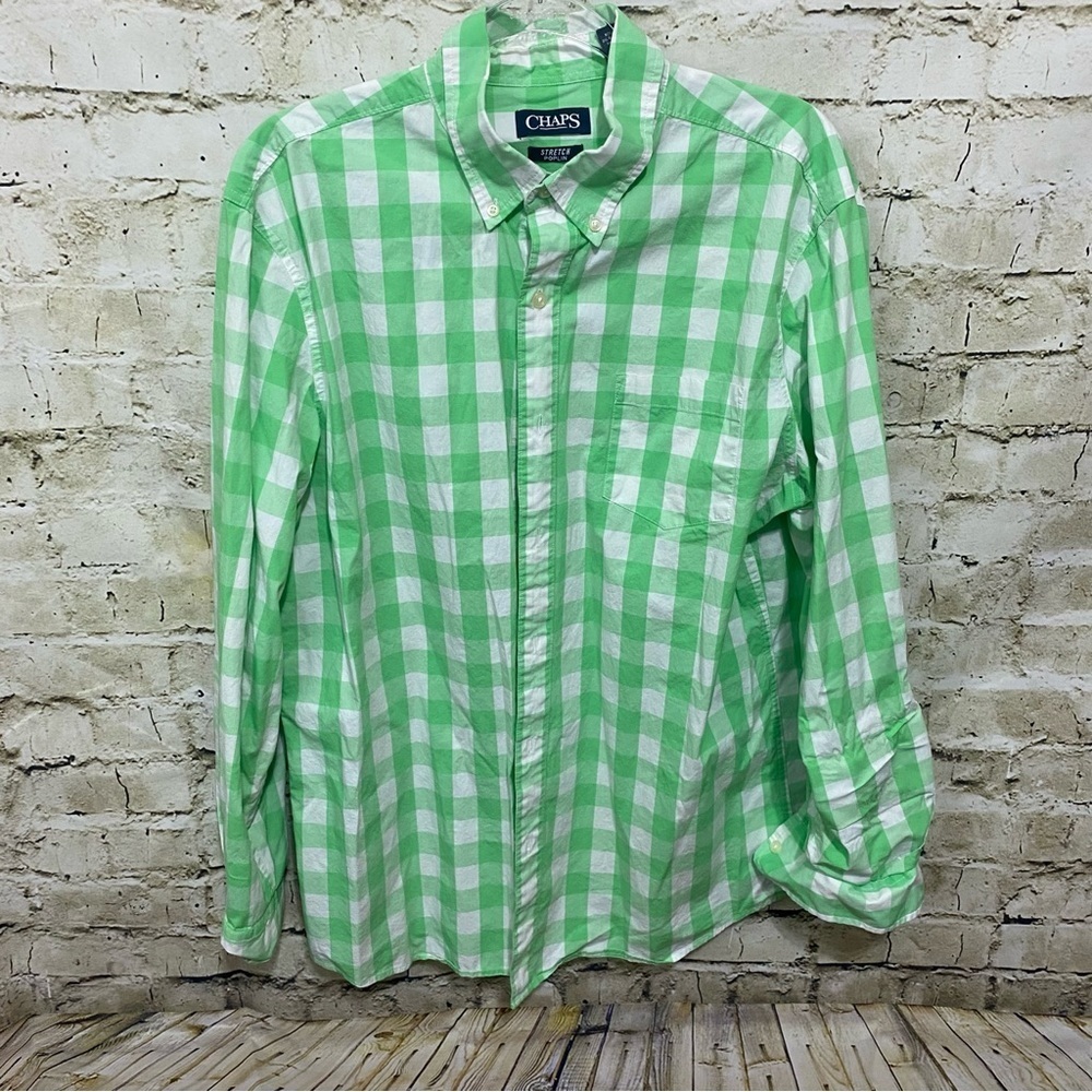 Chaps Green White Plaid Stretch Poplin Button Up Shirt